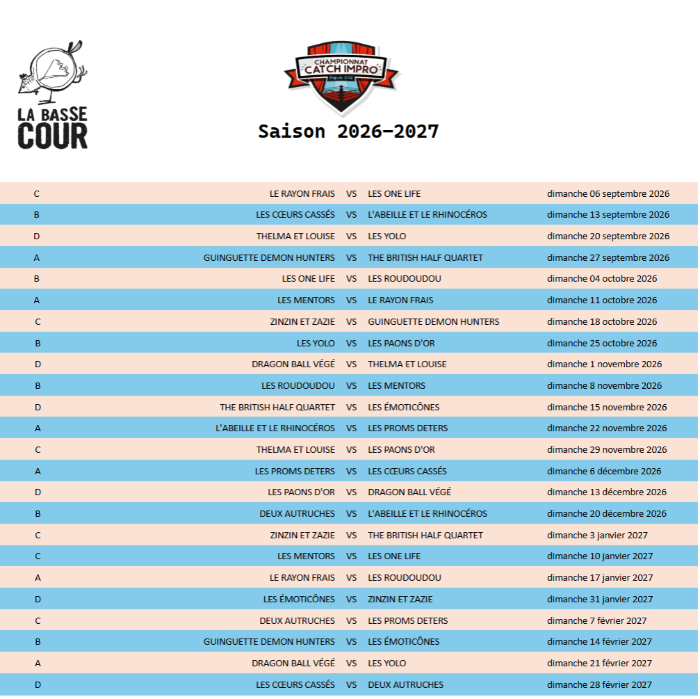 Planning Championnat Catch Impro 2026-2027